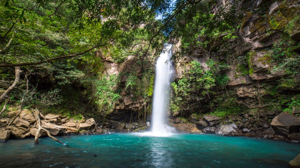 Scenic waterfall cascading into a turquoise pool surrounded by lush greenery and rocks.