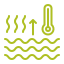 Green icon of steam lines, an upward arrow, and thermometer over wavy lines.