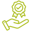 Green icon of a hand holding a badge with a checkmark