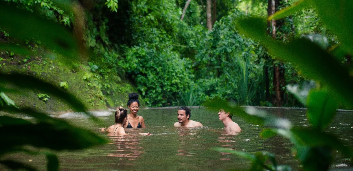 Four people swimming in a forest river surrounded by lush green foliage.